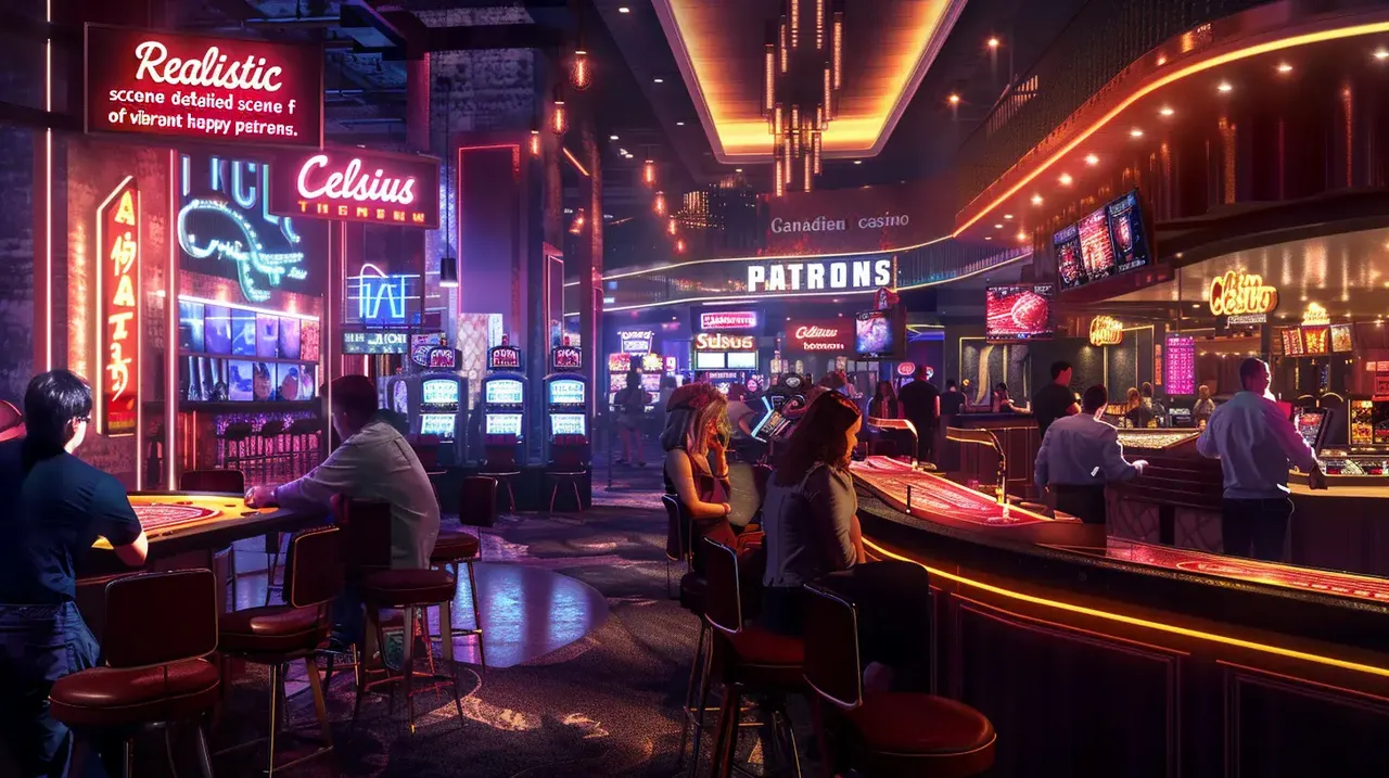 Luksuriøst casinointeriør med live dealer-bord og VIP-seksjon